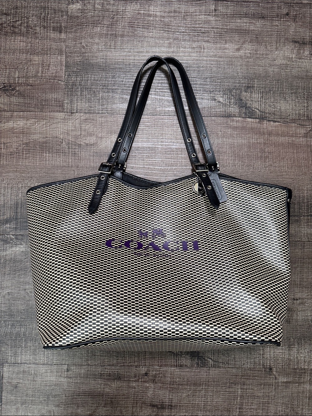 Coach Black and Cream Patterned Tote with Purple Logo With Coach Charm